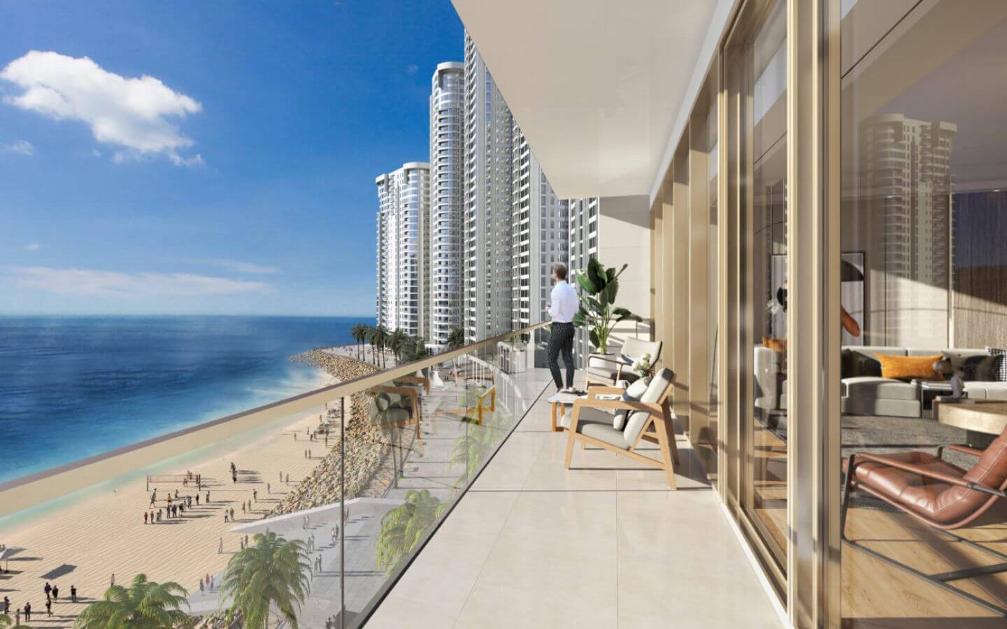 The Views Emaar Karachi – 1-Bed DHA Phase 8, PKR 7.3 Crore MaxX Capitals beachfront balcony at The Views Emaar, DHA Phase 8 Karachi with sea view and towers