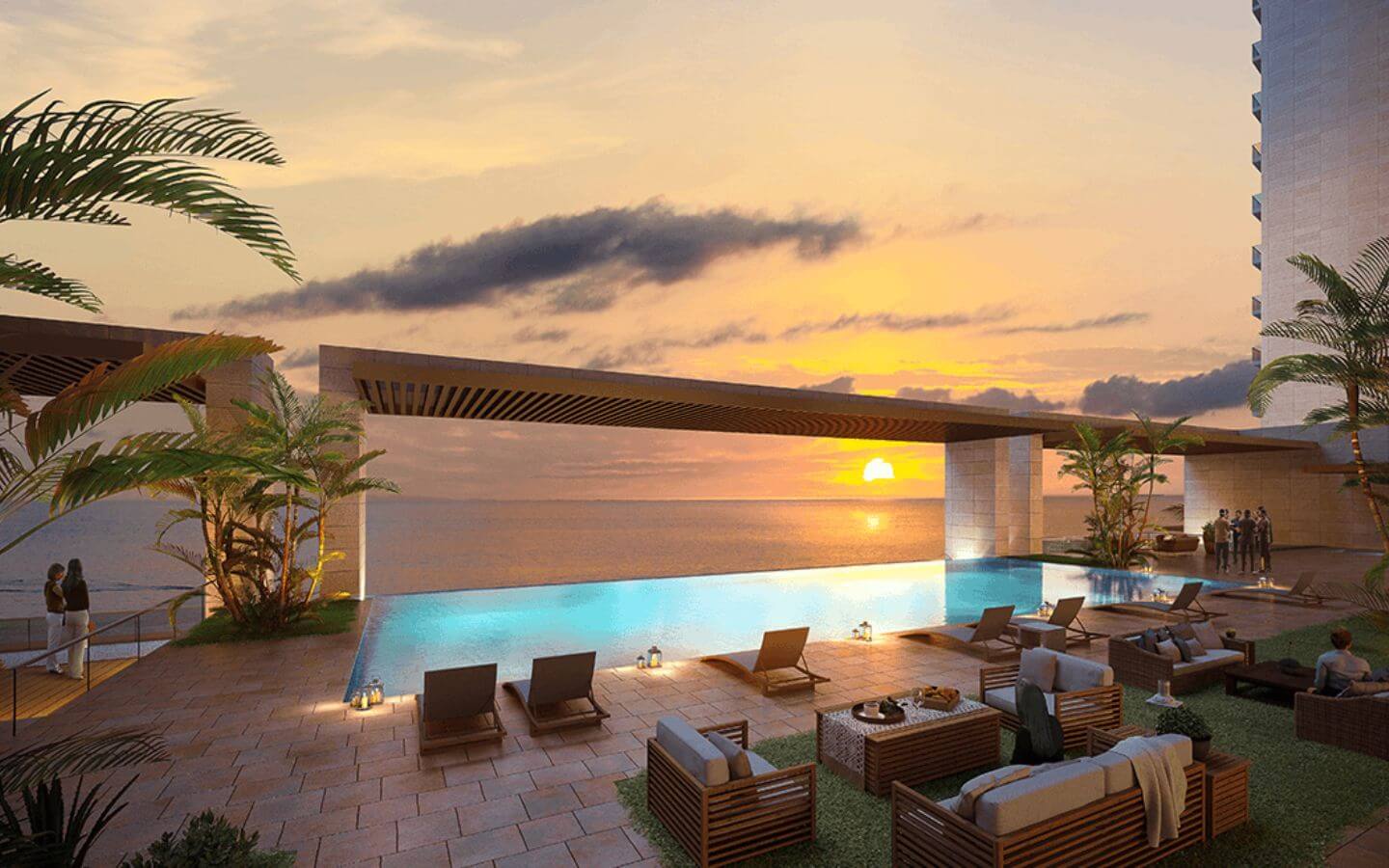 The Views Emaar Karachi – 1-Bed DHA Phase 8, PKR 7.3 Crore MaxX Capitals luxury The Views Emaar Karachi pool deck with sunset sea view and lounge seating