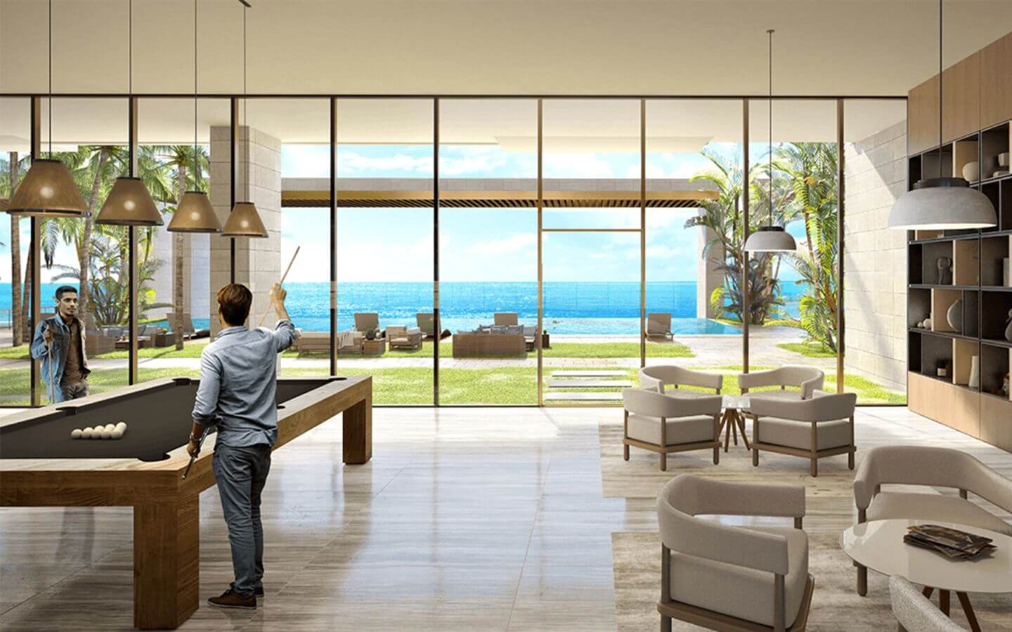 The Views Emaar Karachi – 1-Bed DHA Phase 8, PKR 7.3 Crore MaxX Capitals: The Views Emaar Karachi lounge with pool table, seating area, and oceanfront glass wall in DHA Phase 8