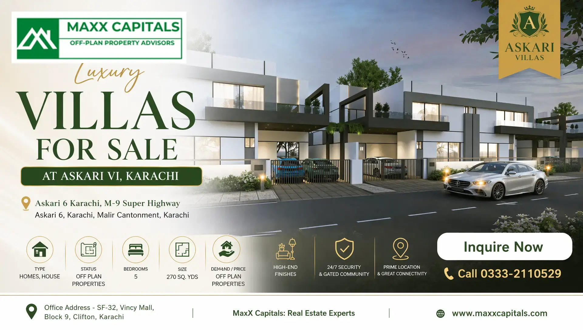 Askari 6 Villa on Installment Karachi – Malir Cantt Modern Askari 6 Karachi villa facades with gated driveway, balconies, and parked cars in Malir Cantt.