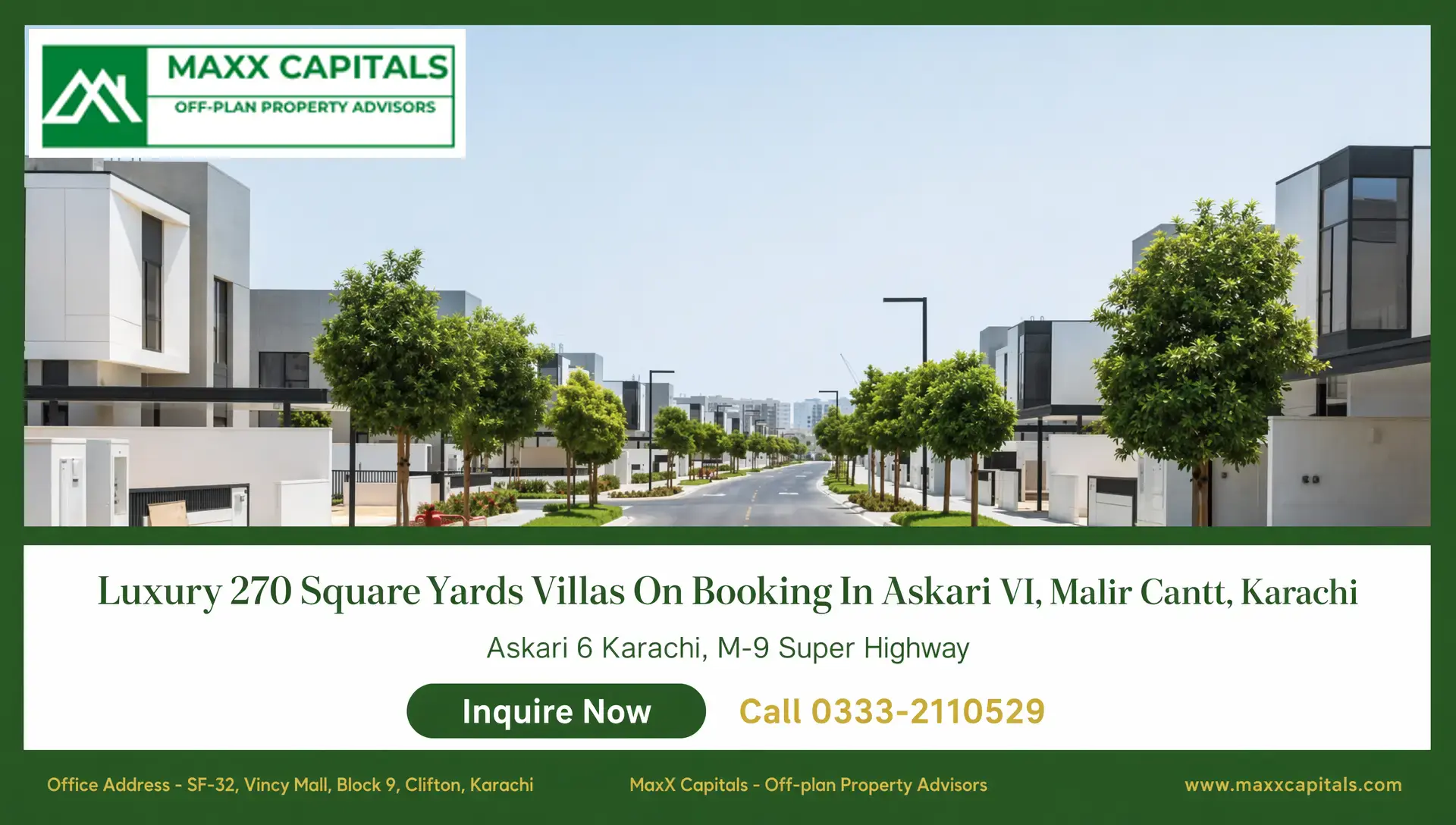 Askari 6 Villa on Installment Karachi – Malir Cantt Modern Askari 6 villa street in Malir Cantt, Karachi with landscaped roadway and contemporary facades