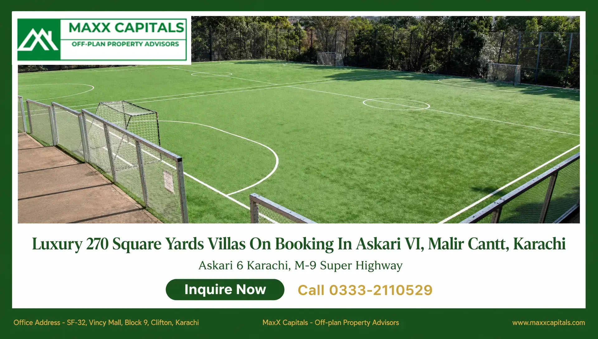 Askari 6 Villa on Installment Karachi – Malir Cantt Askari 6 Karachi recreational sports ground with fenced artificial turf and football goals near Malir Cantt