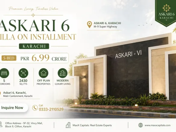 Maxx Capitals Askari 6 Karachi Villa On Installment, Modern 5-Bed Off-Plan Frontage Along M-9 Super Highway