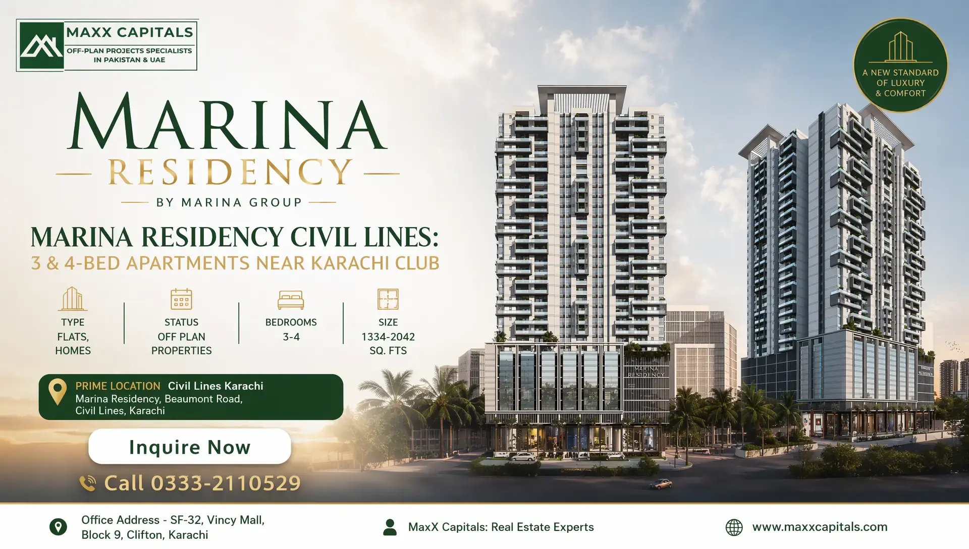 Marina Residency Civil Lines: 3 & 4-Bed Apartments Near Karachi Club MaxX Capitals Marina Residency Civil Lines Karachi twin-tower off-plan apartment exterior rendering