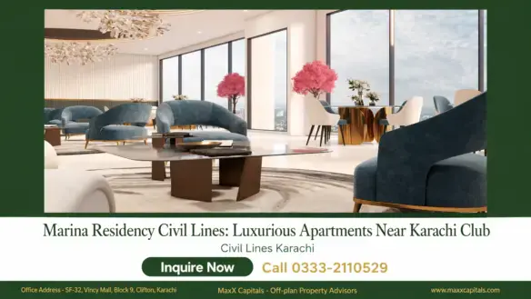 MaxX Capitals Marina Residency Civil Lines lounge with blue sofas, marble tables and Karachi skyline views