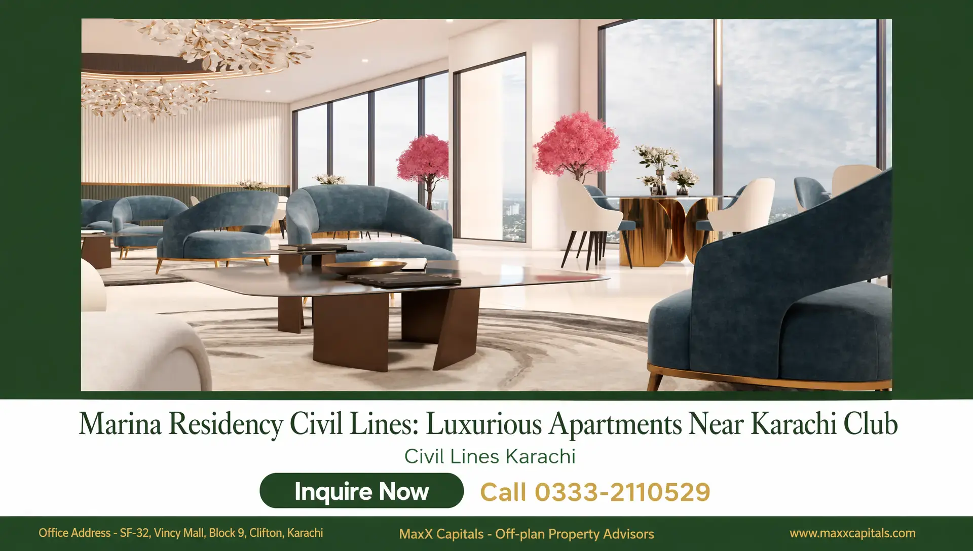 Marina Residency Civil Lines: 3 & 4-Bed Apartments Near Karachi Club MaxX Capitals Marina Residency Civil Lines lounge with blue sofas, marble tables and Karachi skyline views
