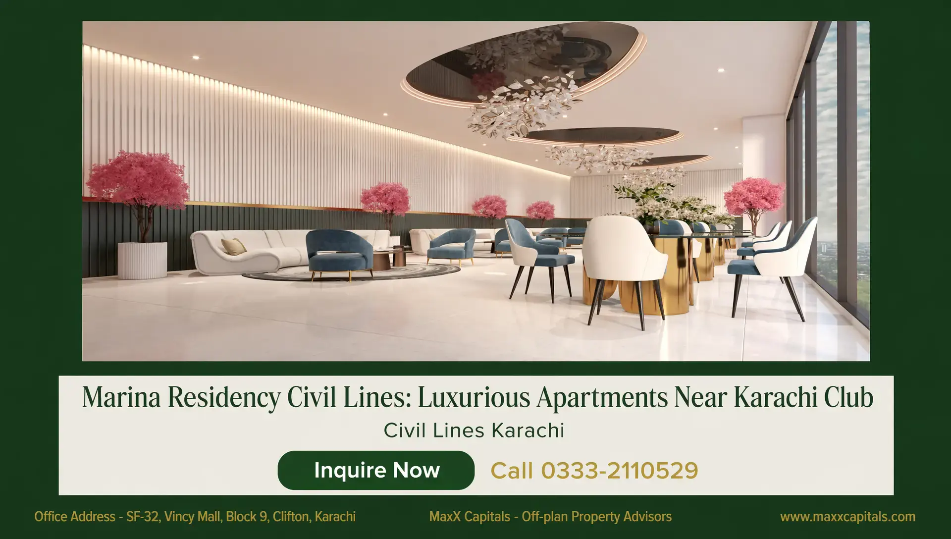 Marina Residency Civil Lines: 3 & 4-Bed Apartments Near Karachi Club MaxX Capitals luxury Marina Residency Civil Lines lounge with modern seating and city views