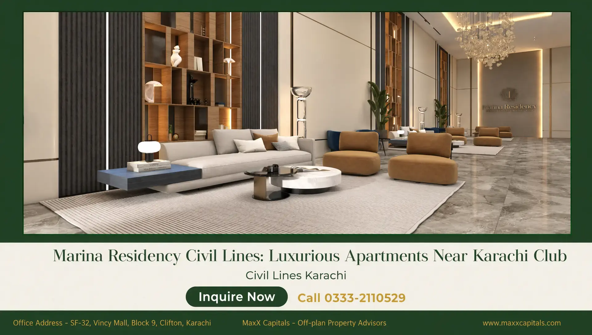 Marina Residency Civil Lines: 3 & 4-Bed Apartments Near Karachi Club MaxX Capitals rendering of Marina Residency Civil Lines luxury apartment lobby in Karachi