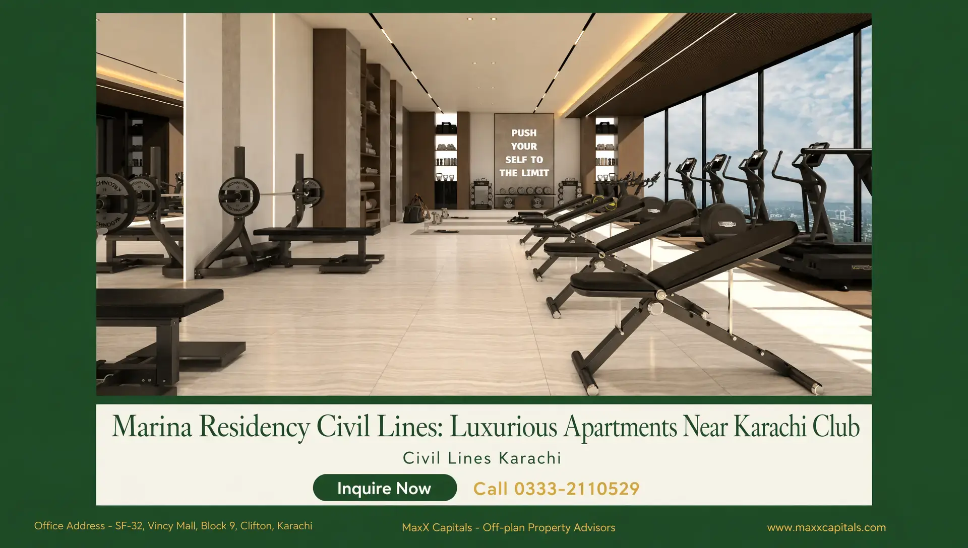Marina Residency Civil Lines: 3 & 4-Bed Apartments Near Karachi Club MaxX Capitals luxury Marina Residency Civil Lines gym with treadmills and weight benches, Karachi