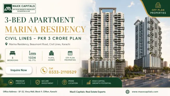 Maxx Capitals 3-Bed Apartment In Marina Residency, Civil Lines Karachi, With Twin High-Rise Towers And Roadside Frontage
