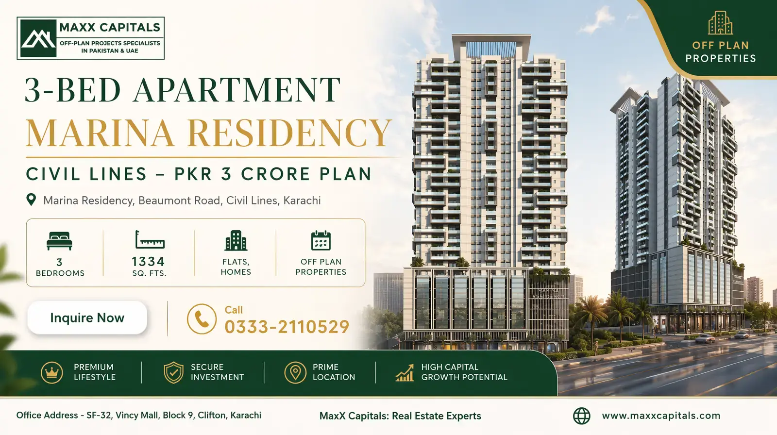 3-Bed Apartment Marina Residency Civil Lines – PKR 3 Crore Plan MaxX Capitals 3-bed apartment in Marina Residency, Civil Lines Karachi, with twin high-rise towers and roadside frontage
