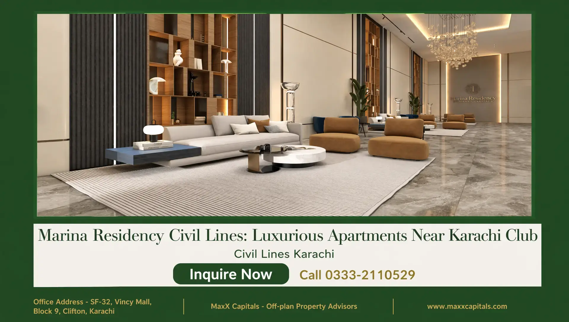 3-Bed Apartment Marina Residency Civil Lines – PKR 3 Crore Plan MaxX Capitals Marina Residency Civil Lines lounge with modern seating, chandelier, and marble flooring