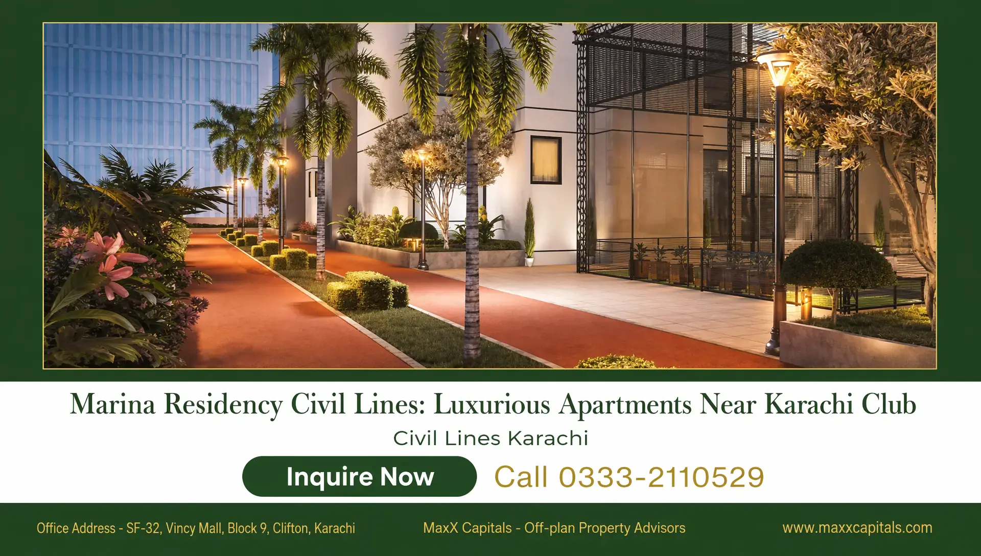 3-Bed Apartment Marina Residency Civil Lines – PKR 3 Crore Plan MaxX Capitals Marina Residency Civil Lines Karachi walkway with palms, garden lights, and apartment facade