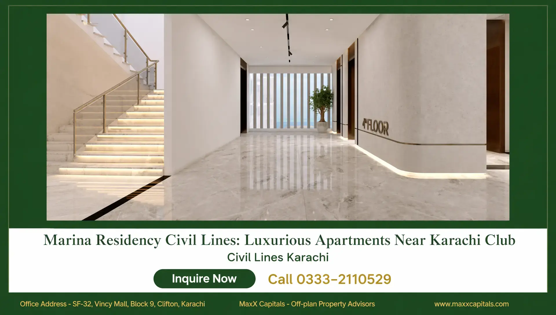 3-Bed Apartment Marina Residency Civil Lines – PKR 3 Crore Plan MaxX Capitals modern Marina Residency Civil Lines apartment hallway with illuminated stairs and marble flooring