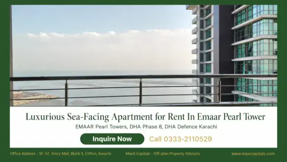 MaxX Capitals sea-facing balcony view at Emaar Pearl Tower DHA Phase 8 Karachi apartment