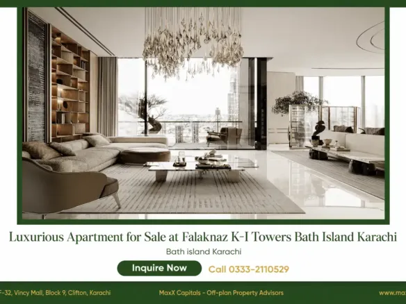 MaxX Capitals luxury apartment interior at Khadija Ilyas Towers Bath Island Clifton with city view