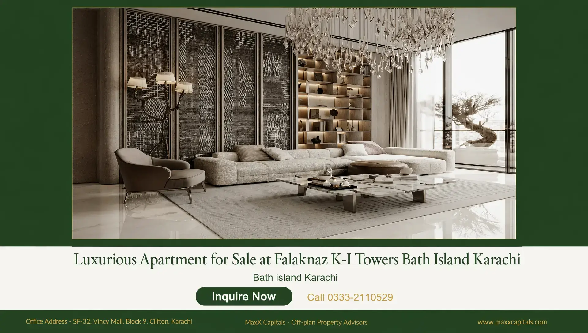 New Booking In Bath Island – Khadija Ilyas Tower Clifton MaxX Capitals luxury Bath Island Clifton apartment living room with sofa, chandelier, and glass coffee table