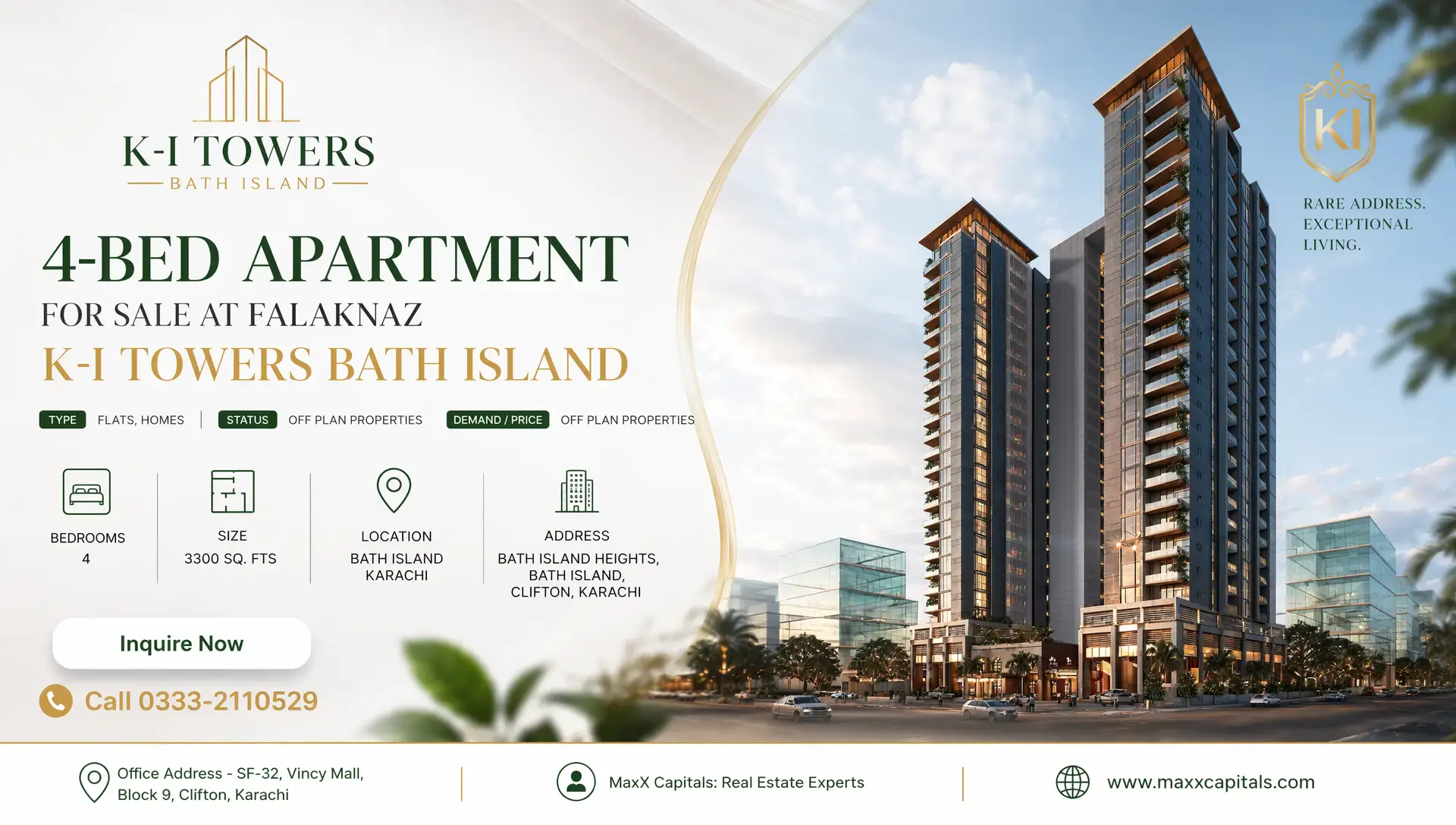 4-Bed Apartment for Sale at Falaknaz K-I Towers Bath Island MaxX Capitals rendering of K-I Towers Bath Island 4-bed apartment project in Karachi