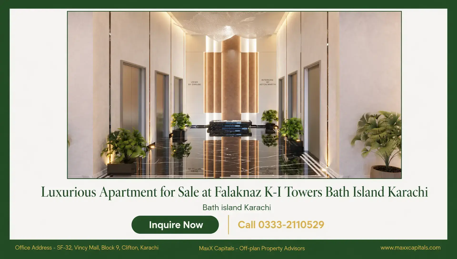 4-Bed Apartment for Sale at Falaknaz K-I Towers Bath Island MaxX Capitals K-I Towers Bath Island lobby with glossy marble flooring and modern wall panels