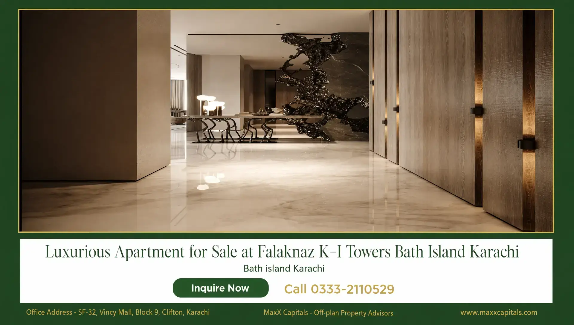 4-Bed Apartment for Sale at Falaknaz K-I Towers Bath Island MaxX Capitals interior hallway at K-I Towers Bath Island apartment with polished marble floor and wood panels