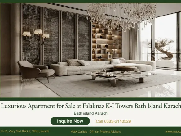 MaxX Capitals luxury Falaknaz K-I Towers Clifton living room with sectional sofa, chandelier, and large windows