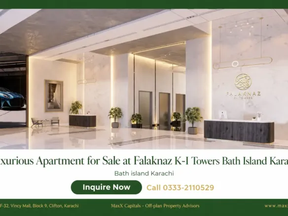 MaxX Capitals render of Falaknaz K-I Towers Clifton lobby with marble finishes and reception desks