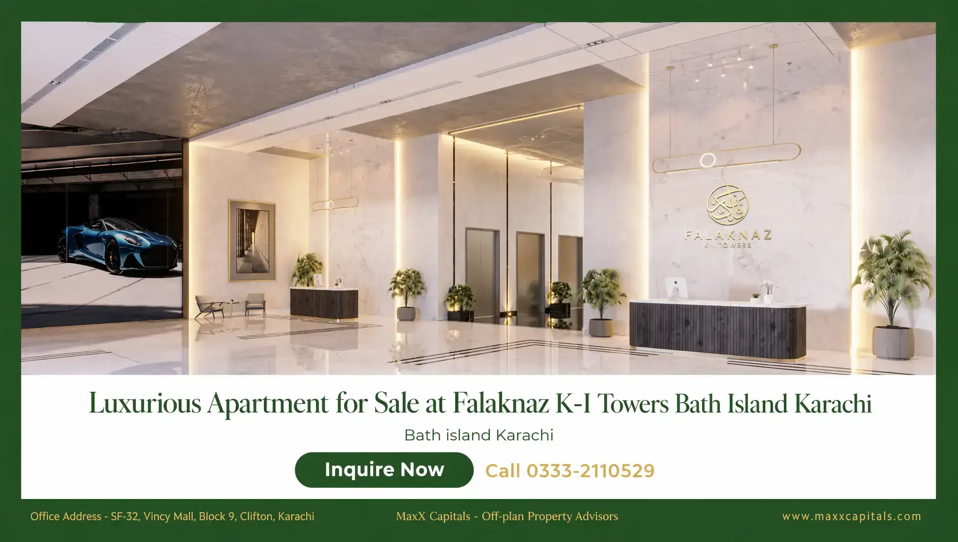 3-Bed Apartment for Sale at Falaknaz K-I Towers Clifton – 54-Month Plan MaxX Capitals render of Falaknaz K-I Towers Clifton lobby with marble finishes and reception desks