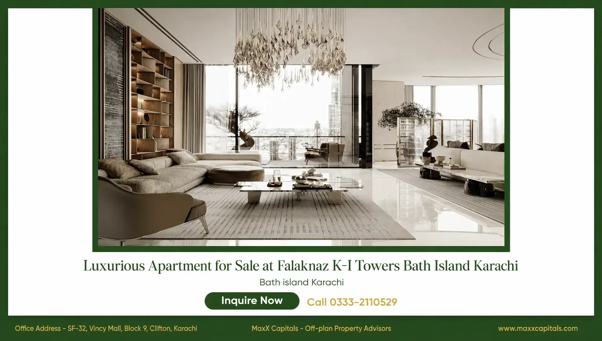 3-Bed Apartment for Sale at Falaknaz K-I Towers Clifton – 54-Month Plan MaxX Capitals luxury living room in Falaknaz K-I Towers Clifton Karachi with chandelier and skyline view
