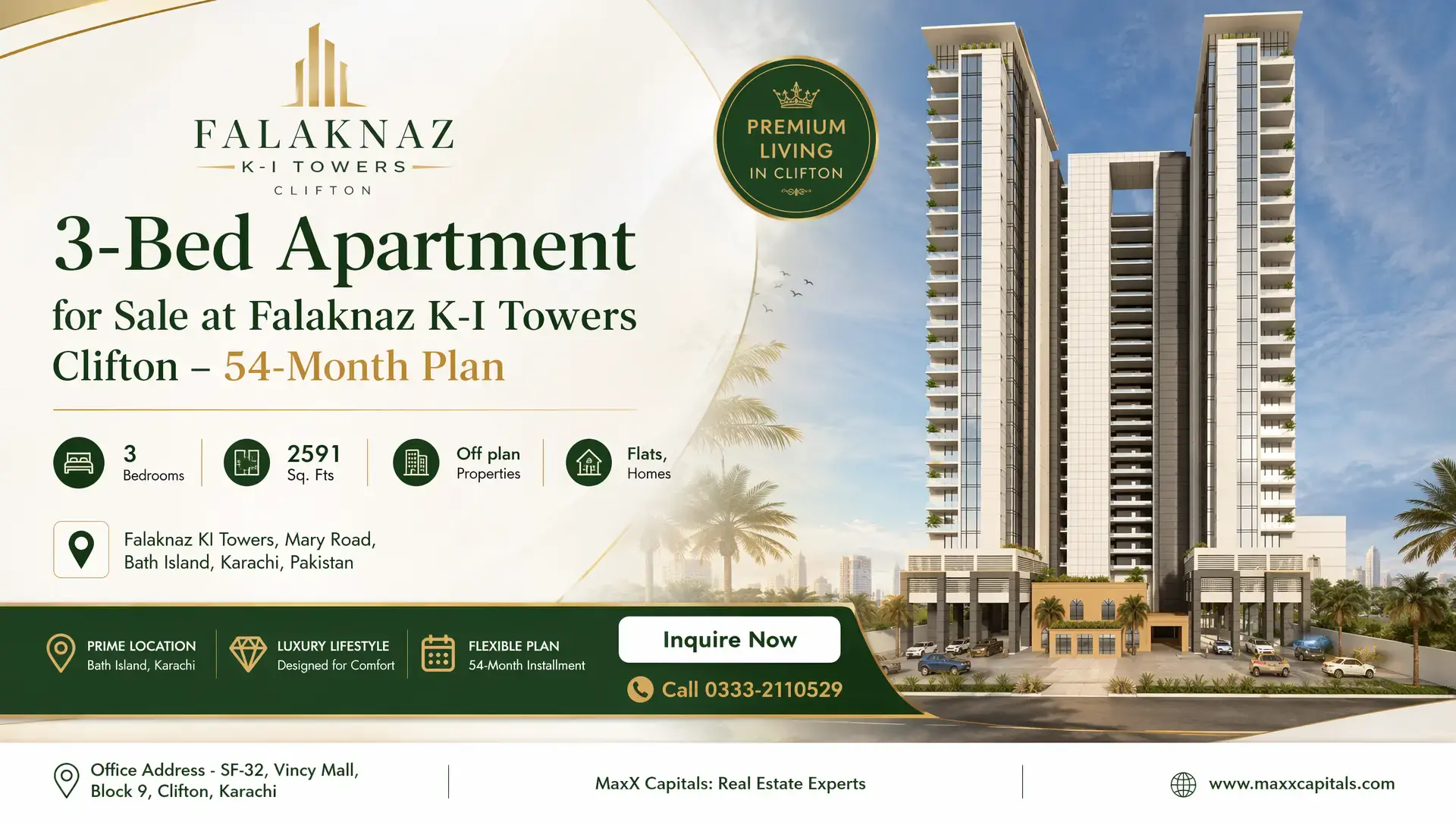 3-Bed Apartment for Sale at Falaknaz K-I Towers Clifton – 54-Month Plan MaxX Capitals rendering of Falaknaz K-I Towers Clifton 3-bed apartment tower in Karachi