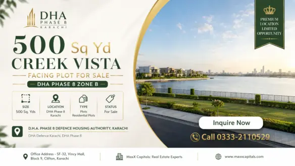 Maxx Capitals Dha Phase 8 Karachi Creek Vista Facing Plot For Sale, 500 Sq Yd Waterfront View