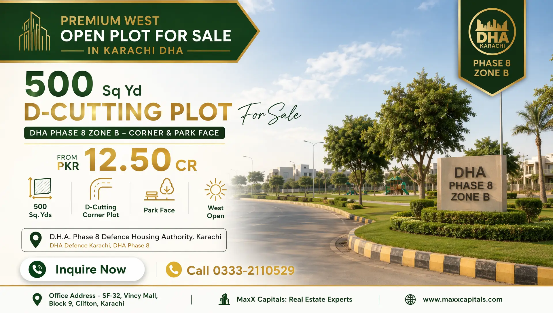 500 Sq Yd D-Cutting Plot For Sale DHA Phase 8 Zone B – Corner & Park Face from PKR 12.50 Cr