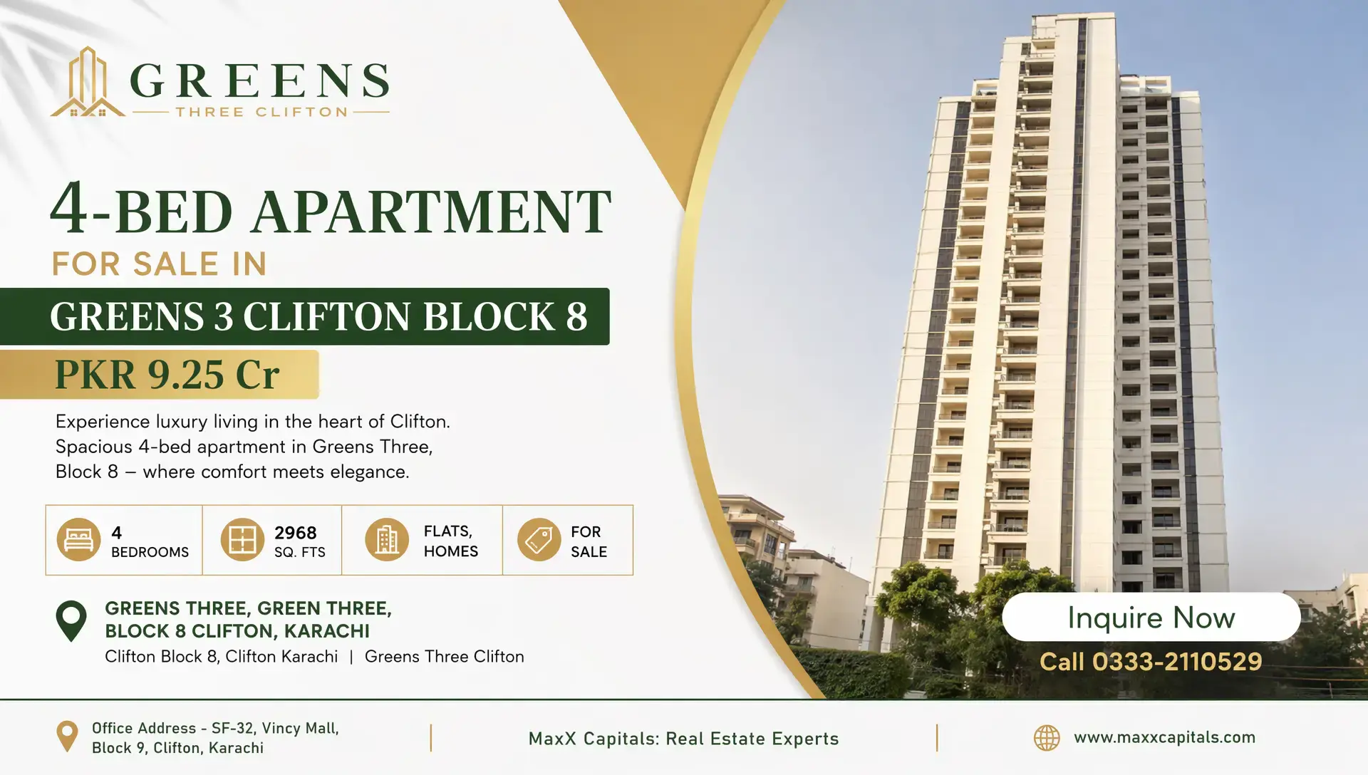 4-Bed Apartment for Sale in Greens 3 Clifton Block 8 MaxX Capitals Greens 3 Clifton Block 8 high-rise 4-bed apartment tower view in Karachi