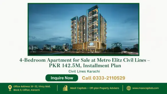 Elegant high-rise apartment building at Metro Elitz Civil Lines, illuminated against a twilight sky, showcasing modern archit