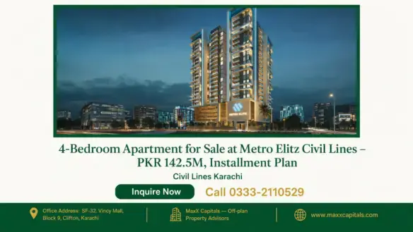 Luxurious high-rise Metro Elitz building at night with illuminated facade, located in Civil Lines, Karachi.