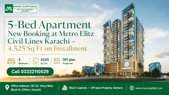 Luxury High-Rise Metro Elitz Apartments At Civil Lines Karachi With Illuminated Modern Architecture And Lush Surroundings.