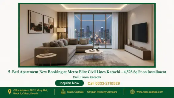 Luxurious living room with floor-to-ceiling windows showcasing a stunning city skyline at Metro Elitz Civil Lines Karachi.