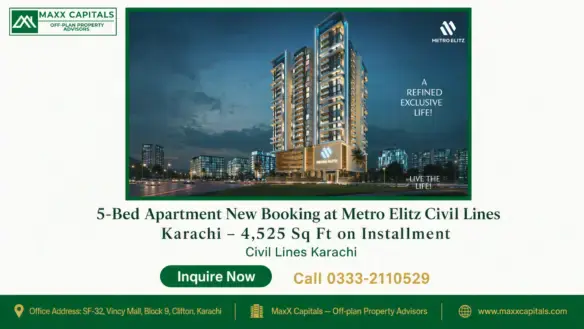 Modern high-rise apartment buildings of Metro Elitz Civil Lines Karachi illuminated at night with sleek architecture.