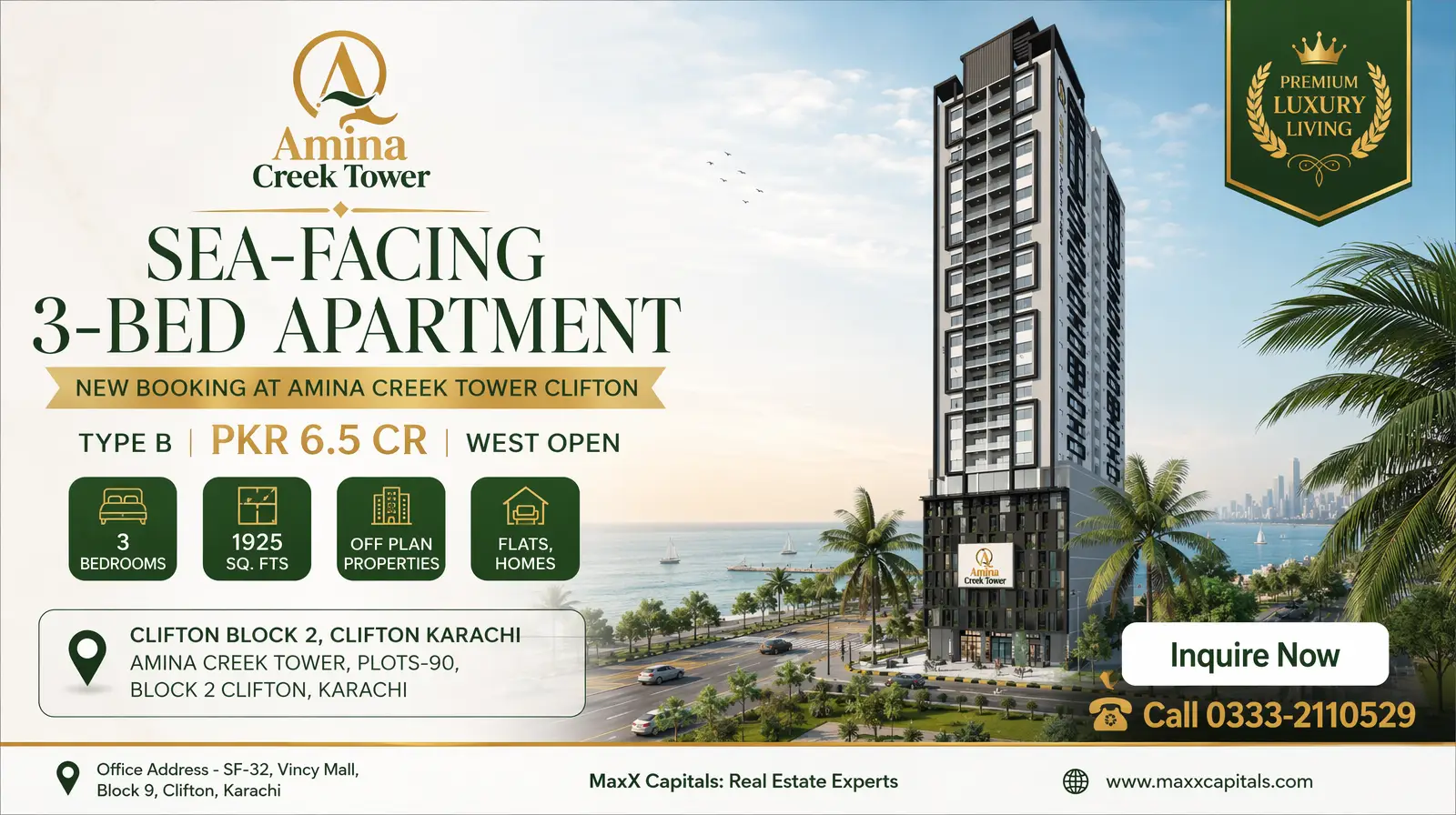 Sea-Facing 3-Bed Apartment New Booking at Amina Creek Tower Clifton – West Open (1) MaxX Capitals Amina Creek Tower Clifton sea-facing 3-bed apartment tower render