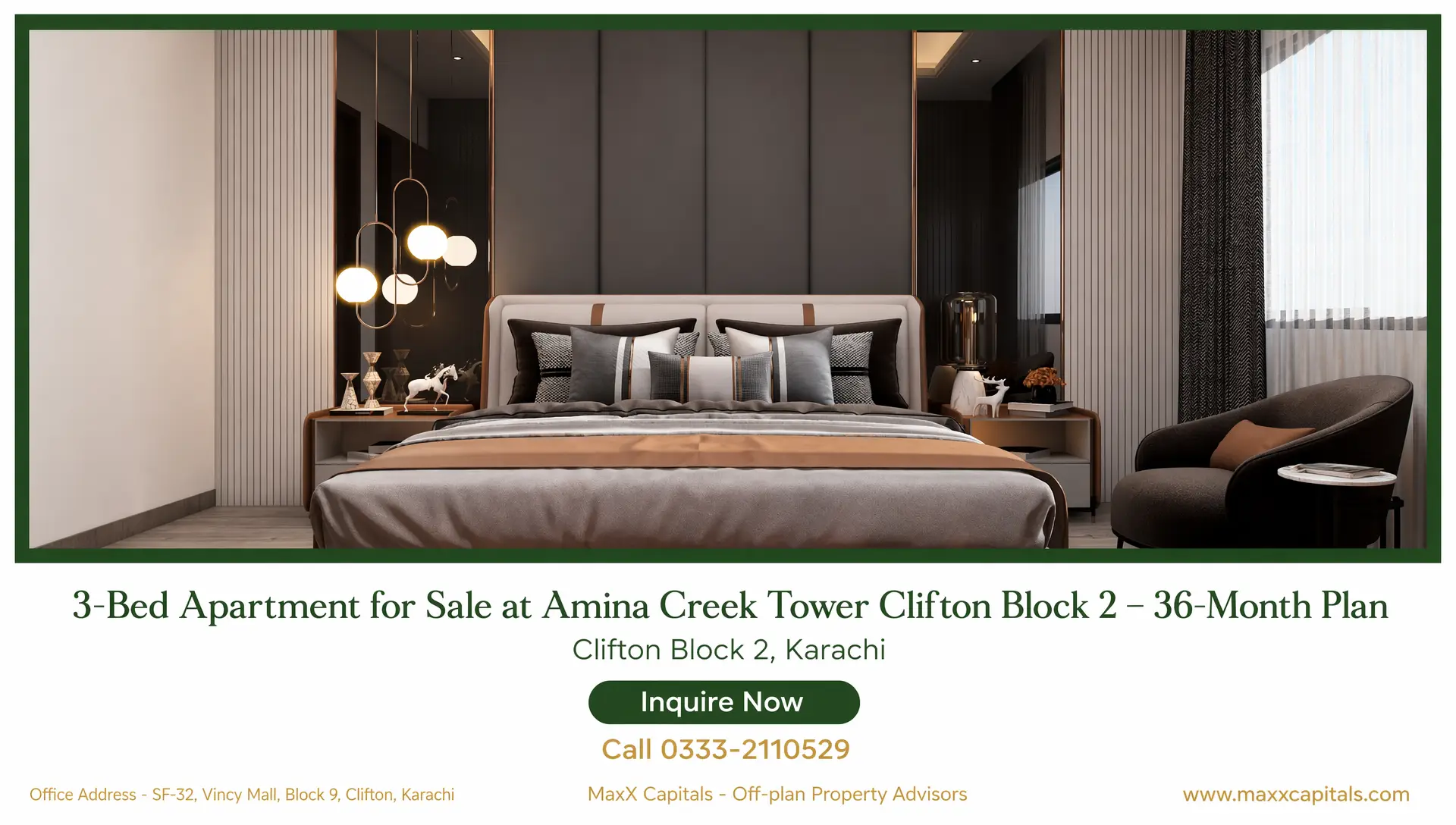 Sea-Facing 3-Bed Apartment New Booking at Amina Creek Tower Clifton – West Open (10) MaxX Capitals luxury bedroom in Amina Creek Tower Clifton 3-bed apartment, modern king bed and accent lighting