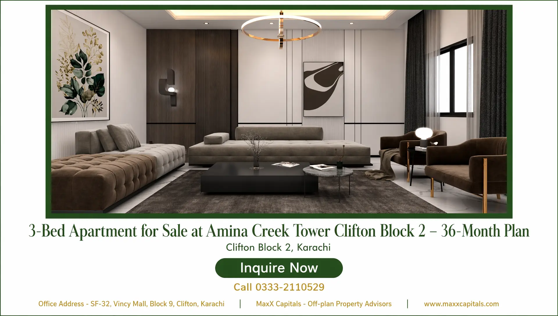 Sea-Facing 3-Bed Apartment New Booking at Amina Creek Tower Clifton – West Open (8) MaxX Capitals modern 3-bed apartment living room at Amina Creek Tower Clifton, Karachi
