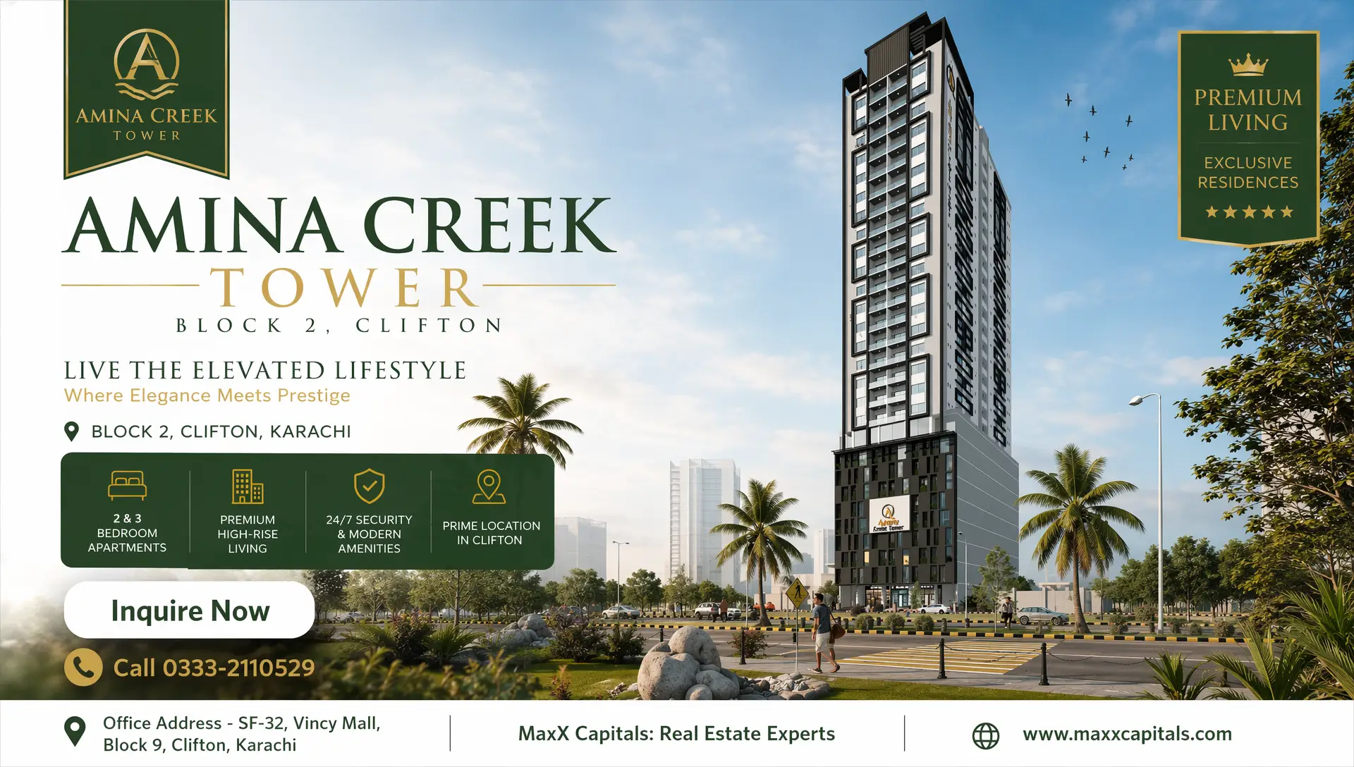 3-Bed Apartment for Sale at Amina Creek Tower Clifton Block 2 – 36-Month Plan (1) MaxX Capitals Amina Creek Tower Block 2 Clifton Karachi high-rise apartment render