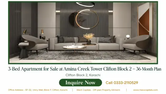 MaxX Capitals modern living room in Amina Creek Tower Clifton Block 2, Karachi apartment interior
