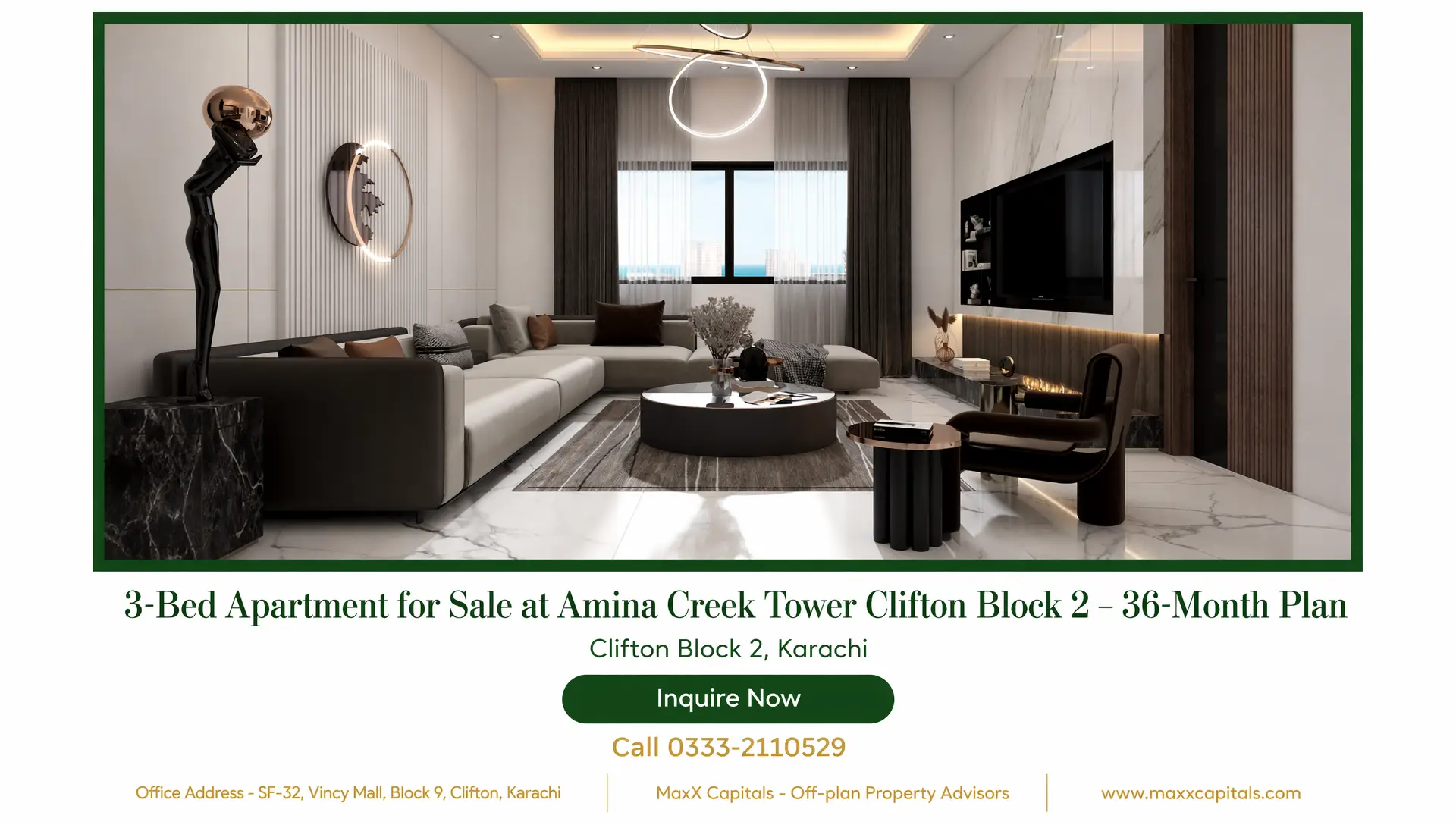 3-Bed Apartment for Sale at Amina Creek Tower Clifton Block 2 – 36-Month Plan (12) MaxX Capitals luxury Amina Creek Tower Clifton Block 2 apartment living room with sofa, TV wall and marble floor