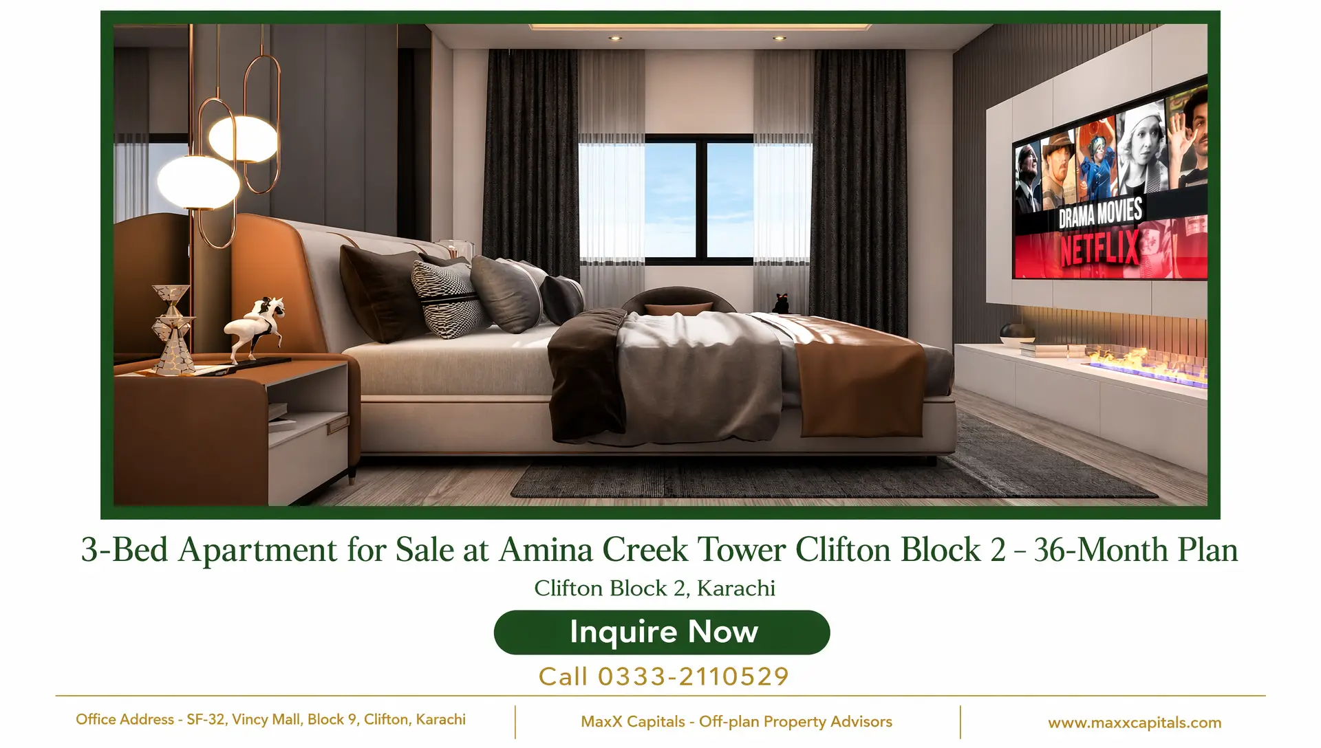 3-Bed Apartment for Sale at Amina Creek Tower Clifton Block 2 – 36-Month Plan (13) MaxX Capitals modern bedroom in Amina Creek Tower Clifton Block 2 apartment for sale, Karachi