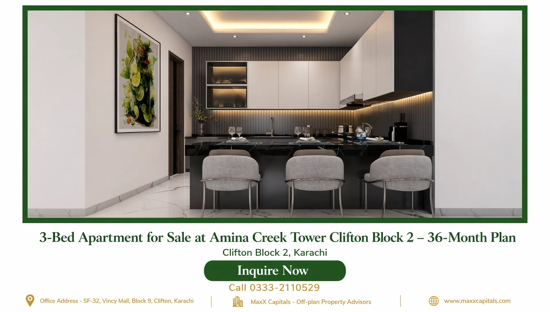 3-Bed Apartment for Sale at Amina Creek Tower Clifton Block 2 – 36-Month Plan (14) MaxX Capitals modern Amina Creek Tower Clifton Block 2 apartment kitchen with island and seating