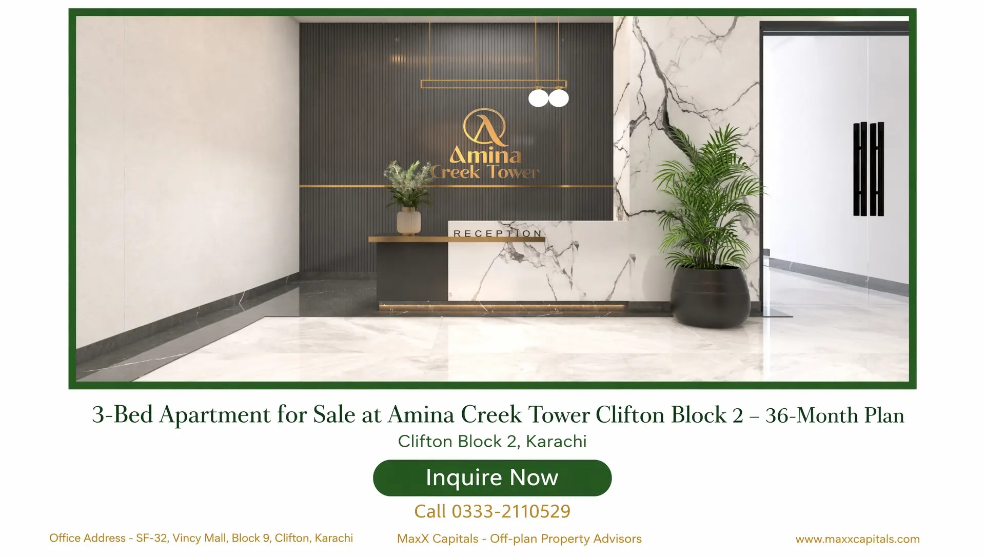 3-Bed Apartment for Sale at Amina Creek Tower Clifton Block 2 – 36-Month Plan (15) MaxX Capitals Amina Creek Tower Clifton Block 2 reception desk with marble finish and indoor plants
