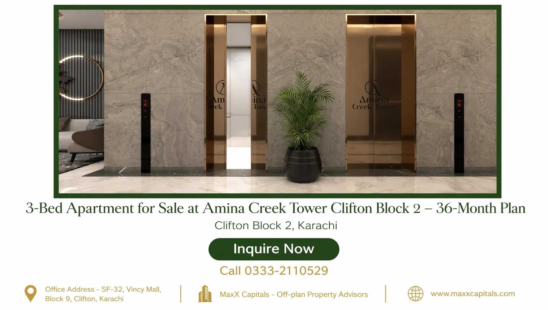 3-Bed Apartment for Sale at Amina Creek Tower Clifton Block 2 – 36-Month Plan (17) MaxX Capitals Amina Creek Tower Clifton Block 2 lobby with gold elevators and potted plant