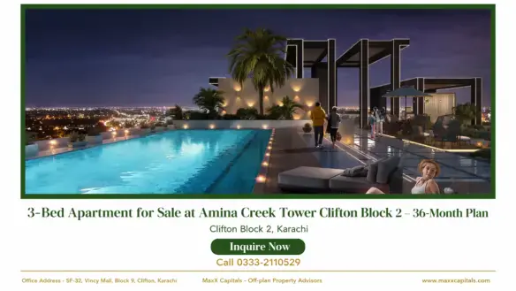 MaxX Capitals: Amina Creek Tower Clifton Block 2 rooftop pool and lounge with city skyline at night