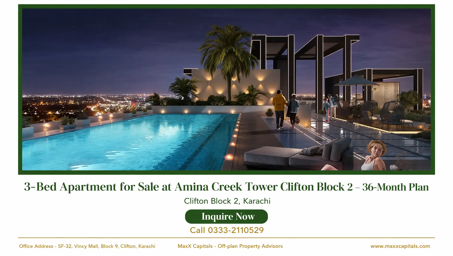 3-Bed Apartment for Sale at Amina Creek Tower Clifton Block 2 – 36-Month Plan (7) MaxX Capitals: Amina Creek Tower Clifton Block 2 rooftop pool and lounge with city skyline at night