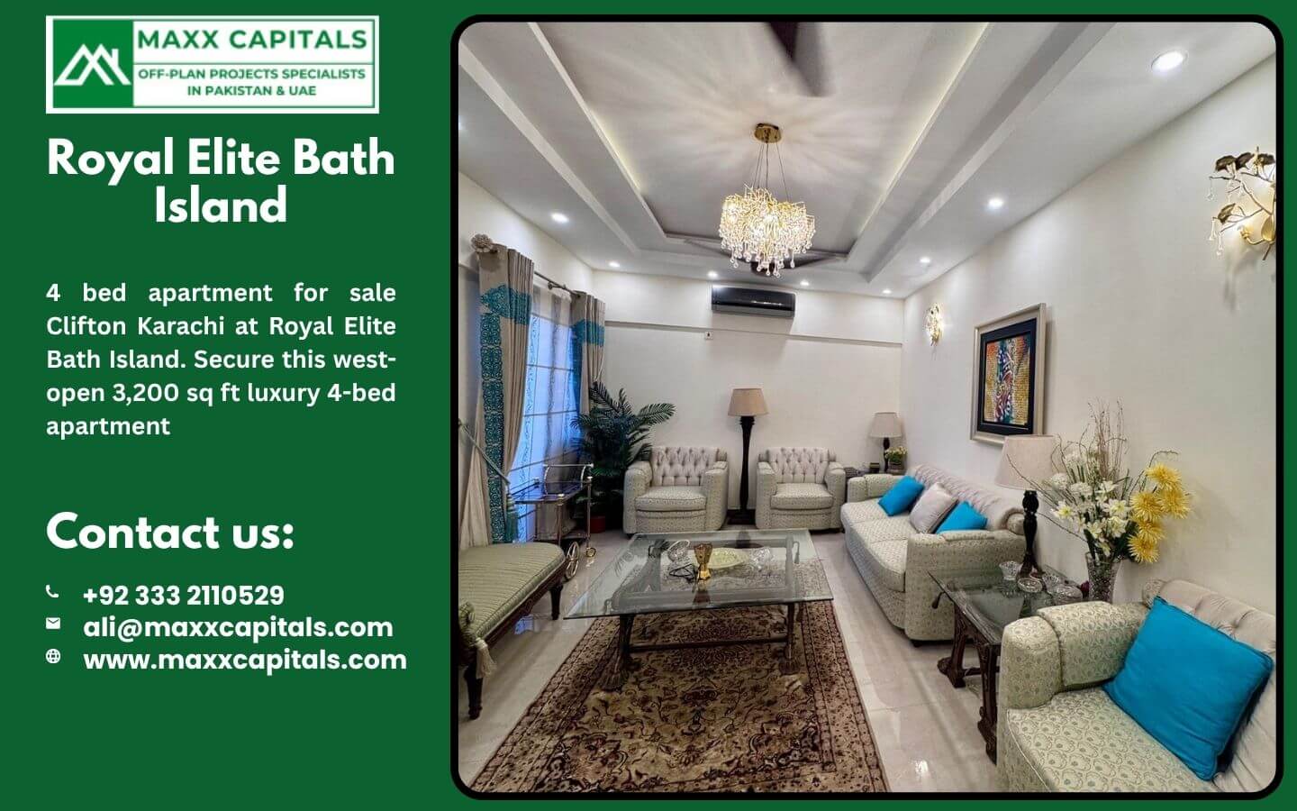 4 bed apartment for sale Clifton Karachi at Royal Elite Bath Island (1) MaxX Capitals 4 bed apartment living room in Royal Elite Bath Island Clifton Karachi with chandelier and sofas